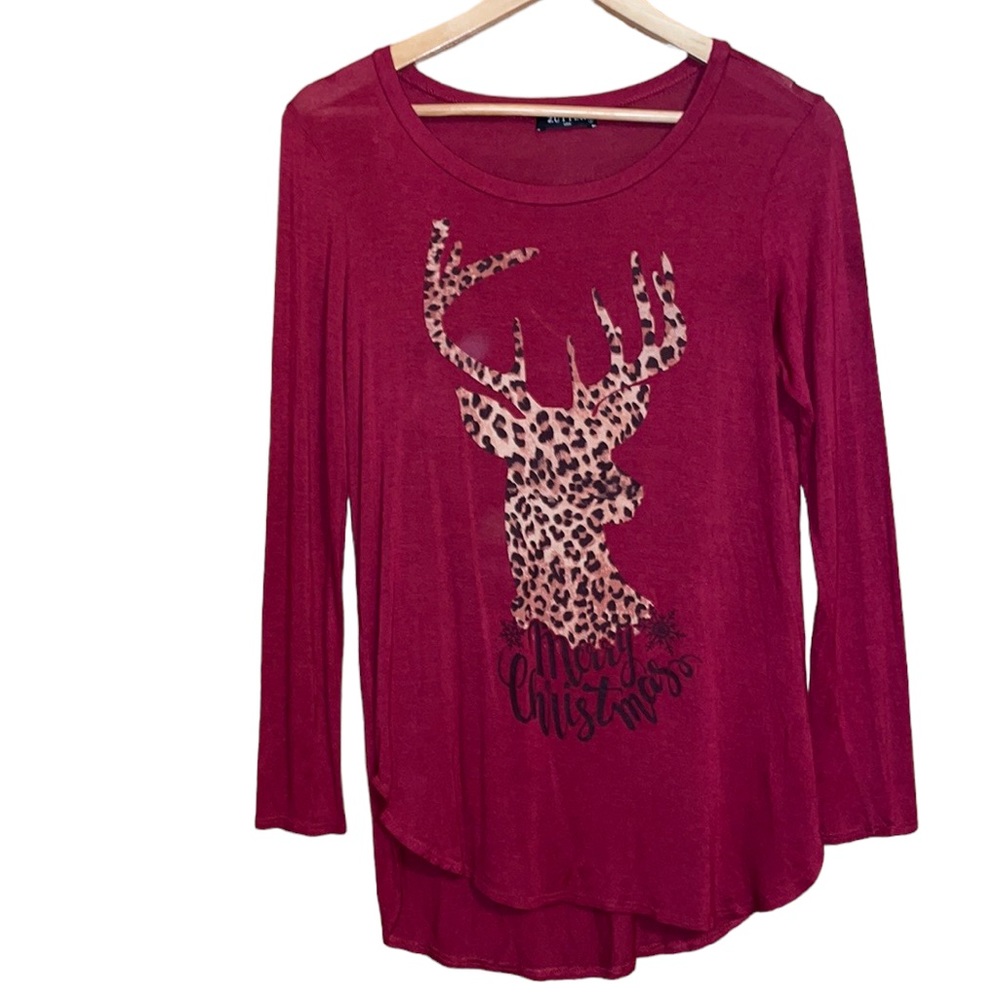 •ZUTTER•MAROON LEOPARD DEER "MERRY CHRISTMAS" HIGH-LOW SCOOPNECK BLOUSE SMALL - Picture 1 of 7
